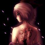  back_tattoo backboob bare_shoulders black_background black_ribbon breasts cherry_blossoms from_behind green_eyes hair_ribbon konpaku_youmu looking_at_viewer looking_back miata_(miata8674) no_bra no_shirt off_shoulder partially_undressed petals profile ribbon robe robe_slip short_hair simple_background small_breasts solo stern tattoo touhou tree upper_body white_hair 