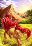  apple_bloom_(mlp) day detailed_background equine female feral friendship_is_magic grass hair hooves locksto mammal mountain my_little_pony outside red_hair ribbons sky solo standing underhoof 