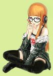  black_footwear boots cross-laced_footwear glasses knee_boots lace-up_boots long_hair looking_at_viewer orange_hair persona persona_5 purple_eyes sakura_futaba simple_background smile solo thighhighs thighhighs_under_boots zettai_ryouiki 