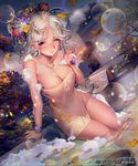  arm_support blurry bow bracelet breasts cleavage depth_of_field dutch_angle evening fence floral_print hair_bow hair_ornament jewelry large_breasts leaf liduke lips looking_at_viewer maple_leaf naked_towel one_eye_closed onsen outdoors parted_lips partially_submerged ponytail red_eyes sengoku_saga sidelocks silver_hair smile soap_bubbles solo towel tree wet wooden_fence 