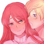  1girl artist_request blonde_hair blue_eyes blush embarrassed green_eyes hug hug_from_behind jaune_arc lowres pyrrha_nikos red_hair rwby sweater turtleneck turtleneck_sweater white_sweater 