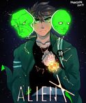  2boys alien_x_(ben_10) bellicus ben_10 ben_10:_alien_force benjamin_kirby_tennyson brown_hair cartoon_network glowing glowing_eyes green_eyes green_jacket jacket looking_at_viewer male_focus multiple_boys omnitrix serena_(ben_10) universe 