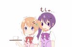  :&gt; alternate_hairstyle bangs behind_back blue_eyes blush brown_hair c: closed_mouth eyebrows_visible_through_hair flower gochuumon_wa_usagi_desu_ka? hair_flower hair_in_mouth hair_ornament hairclip hand_up holding holding_tray hoto_cocoa multiple_girls nagomi_yayado pink_flower puffy_short_sleeves puffy_sleeves purple_eyes purple_hair short_sleeves side_ponytail sidelocks simple_background smile tedeza_rize tray trembling upper_body waitress white_background 