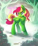  equine fan_character feathered_wings feathers feral forest green_eyes green_feathers hooves locksto mammal my_little_pony pegasus smile solo standing tree wings 