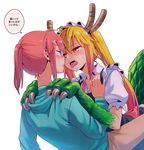  blonde_hair blood blush claws dragon_girl dragon_tail eye_contact face-to-face fangs glasses hands_on_another's_shoulders horns hug imminent_kiss injury kobayashi-san_chi_no_maidragon kobayashi_(maidragon) looking_at_another maid multiple_girls nightea paws ponytail red_eyes red_hair scales scratching sitting sweatdrop tail teeth thought_bubble tongue tongue_out tooru_(maidragon) translated twintails yuri 