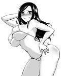  bikini blush breasts grin hand_behind_head hand_on_hip idolmaster idolmaster_cinderella_girls kanno_takanori large_breasts long_hair looking_at_viewer monochrome mukai_takumi nervous_smile nose_blush pose skindentation smile solo sweat swimsuit trembling underboob wavy_mouth 