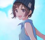  :d bangs bare_shoulders beanie black_hat blue_shirt blue_sky blush breasts brown_eyes brown_hair collared_shirt day eyebrows_visible_through_hair from_side hat hat_ornament highres looking_at_viewer morikura_en open_mouth original outdoors round_teeth shirt short_hair sky sleeveless sleeveless_shirt small_breasts smile solo teeth upper_body upper_teeth wing_collar 
