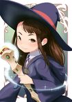  alternate_eye_color asymmetrical_bangs bad_id bad_tumblr_id bangs blush brown_eyes brown_hair closed_mouth hat hideousbeing holding kagari_atsuko little_witch_academia long_hair long_sleeves looking_at_viewer shiny_rod shirt smile solo sparkle staff wand white_shirt wide_sleeves wing_collar witch_hat 