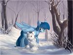  blue_feathers blue_fur day detailed_background equine fan_character feathered_wings feathers forest fur hooves locksto mammal my_little_pony outside pegasus smile snow standing tree wings yellow_eyes 