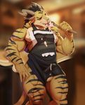  2017 anthro apron armpits bastioner_ragefang biceps black_hair blue_eyes bulge charr claws clothed clothing digital_drawing_(artwork) digital_media_(artwork) facial_piercing fangs feline food fur guild_wars hair hi_res horn justmegabenewell male mammal messy muscular muscular_male nose_piercing nose_ring open_mouth pecs piercing solo spoon striped_fur stripes tongue tongue_out video_games 