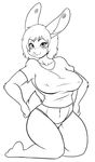 2016 anthro big_breasts black_and_white breasts clothed clothing crop_top crossgender ear_piercing eyelashes facial_markings female front_view gauged_ear hands_on_hips kneeling lagomorph looking_at_viewer loui_(ragerabbit) mammal markings monochrome nipple_bulge panties piercing rabbit shirt skidd smile solo thick_thighs underwear 
