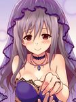  bare_shoulders blush breasts choker cleavage elbow_gloves fishnet_gloves fishnets gloves grey_hair hair_down idolmaster idolmaster_cinderella_girls jewelry kanzaki_ranko large_breasts long_hair looking_at_viewer necklace red_eyes ring single_elbow_glove smile solo_focus tears upper_body uraichishi veil wedding_ring 