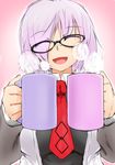  black-framed_eyewear black_dress closed_eyes coffee commentary_request cup dress eyes_visible_through_hair fate/grand_order fate_(series) glasses hair_behind_eyewear hair_over_one_eye holding holding_cup jacket mash_kyrielight mug necktie purple_hair short_hair smile solo steam upper_body youu_(midgard) 