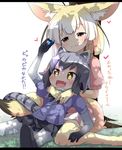  +_+ 2girls :d animal_ears blush commentary_request common_raccoon_(kemono_friends) fang fennec_(kemono_friends) food fox_ears fox_tail full_body gradient_hair grass half-closed_eyes hand_on_another's_chest happy heart highres japari_bun kemono_friends makuran multicolored_hair multiple_girls open_mouth outdoors pantyhose raccoon_ears raccoon_tail seiza short_hair simple_background sitting smile tail translated tree under_tree v-shaped_eyebrows white_background 