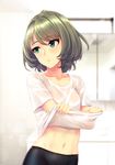  bangs bathroom bike_shorts blue_eyes blurry blush bob_cut breasts collarbone commentary_request cowboy_shot depth_of_field eyebrows_visible_through_hair eyelashes green_eyes green_hair heterochromia highres hips idolmaster idolmaster_cinderella_girls indoors infinote lens_flare lips looking_to_the_side midriff mole mole_under_eye navel parted_lips pink_lips see-through shiny shiny_skin shirt shirt_lift short_hair short_sleeves small_breasts solo stomach sweat swept_bangs takagaki_kaede tsurime upper_body water water_drop wet wet_clothes wet_hair wet_shirt 