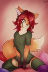  anthro brown_nose canine clothed clothing eyelashes female fluffy fluffy_tail fox fur green_eyes hair kneeling mammal orange_fur red_hair seleeger simple_background smile solo 