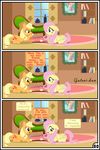  applejack_(mlp) blonde_hair blue_eyes comic equine female feral fluttershy_(mlp)species:earth_pony friendship_is_magic green_eyes gutovi-kun hair horse mammal my_little_pony pegasus pink_hair pony wings 