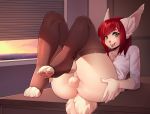  anthro anus balls bottomless butt clothed clothing feline girly hair iwbitu legwear looking_at_viewer male mammal open_mouth pawpads paws red_hair solo thigh_highs tongue tongue_out 