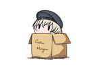  absurdres box cardboard_box dated german hat hatsuzuki_527 highres in_box in_container kantai_collection sailor_hat short_hair silver_hair simple_background solid_oval_eyes solo translated twitter_username white_background z1_leberecht_maass_(kantai_collection) 