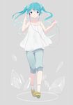  aqua_eyes aqua_hair blouse chizuru_(ambient) commentary_request hatsune_miku headphones highres long_hair pants simple_background smile socks solo twintails vocaloid 