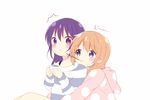  2girls :t bangs blue_eyes blush brown_hair closed_mouth cup eyebrows_visible_through_hair food food_in_mouth gochuumon_wa_usagi_desu_ka? hair_between_eyes holding holding_cup hoto_cocoa long_hair looking_at_another loungewear mouth_hold multiple_girls nagomi_yayado open_mouth pocky polka_dot_hoodie polka_dot_sweater purple_eyes purple_hair simple_background sitting staring striped striped_sweater sweatdrop sweater tareme teacup tedeza_rize triangle_mouth white_background yuri 