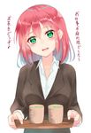  business_suit cup formal green_eyes green_tea highres holding holding_tray kurosawa_ruby lemon_t looking_at_viewer love_live! love_live!_sunshine!! office_lady older open_mouth red_hair suit tea translated tray 