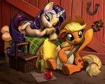  2017 apple applejack_(mlp) banjo blonde_hair bottle cowboy_hat cutie_mark duo earth_pony equine eyelashes female feral food freckles friendship_is_magic fruit green_eyes hair half-closed_eyes harwick hat hay hay_bale hooves horse horseshoe long_hair lying mammal musical_instrument my_little_pony pony rarity_(mlp) sitting smile underhoof 