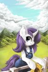  clothed clothing day detailed_background equine female fence feral friendship_is_magic fur grass hair hooves horn locksto mammal my_little_pony purple_hair rarity_(mlp) sky smile solo unicorn white_fur 