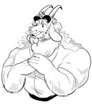  anthro asgore_dreemurr beard big_muscles bigsosiska boss_monster caprine clothed clothing crown eyebrows facial_hair fangs flower goat hair horn long_ears male mammal monochrome muscular muscular_male open_mouth plant simple_background solo undertale video_games white_background 