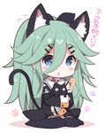  &lt;|&gt;_&lt;|&gt; :3 animal_ears black_legwear blue_eyes blush_stickers cat cat_ears cat_tail check_commentary chestnut_mouth chibi choker commentary commentary_request detached_sleeves full_body green_hair hair_between_eyes hair_ornament hair_ribbon hairclip kantai_collection long_hair ribbon sailor_collar sitting tail translated wariza watanon_(gakushokutei) white_background yamakaze_(kantai_collection) 