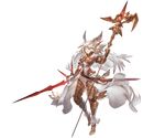  armor bangs breastplate dual_wielding full_body gauntlets granblue_fantasy helmet holding holding_sword holding_weapon long_hair looking_at_viewer michael_(granblue_fantasy) minaba_hideo official_art overskirt polearm red_eyes sheath smile solo spear standing standing_on_one_leg sword thighhighs transparent_background weapon white_hair 