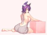  aran_sweater ass backless_outfit bangs bare_back bare_legs barefoot blush box breasts butt_crack closed_mouth commentary_request dress eyepatch feet from_behind full_body grey_sweater hair_over_one_eye halterneck headgear kantai_collection large_breasts looking_at_viewer meme_attire naked_sweater pink_background purple_hair ribbed_dress ribbed_sweater shiny shiny_hair short_hair sideboob simple_background sitting solo sweater sweater_dress tenryuu_(kantai_collection) turtleneck turtleneck_sweater virgin_killer_sweater yellow_eyes yokozuwari yuuji_(and) 