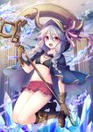  :d black_bra blue_cape boots bra braid brown_footwear brown_gloves cape crystal gloves groin hood horns looking_at_viewer midriff million_arthur_(series) navel open_mouth purple_hair red_eyes red_skirt skirt smile solo staff sunsnny twin_braids underwear 