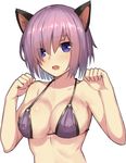  animal_ears bikini_top breasts cat_ears cleavage covered_nipples eyebrows_visible_through_hair fang fate/grand_order fate_(series) mash_kyrielight medium_breasts o-ring o-ring_bikini o-ring_top paw_pose purple_bikini_top purple_eyes purple_hair simple_background solo upper_body weiyinji_xsk white_background 