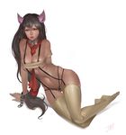  absurdres animal_ears arm_support between_breasts black_hair breasts chain collar dark_skin dungeon_and_fighter highres jayjiwoo_park large_breasts long_hair low-tied_long_hair shadow sitting slave solo suspenders thigh_gap thighhighs yellow_eyes 