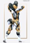  2017 4_toes 5_fingers african_wild_dog anthro bare_back canine digitigrade fur kashmere mammal nude pawpads simple_background solo standing toes white_background 