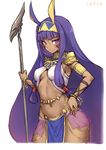  armlet blush bracelet breasts character_name dark_skin detached_collar earrings egyptian egyptian_clothes facepaint fate/grand_order fate_(series) frown hair_tubes hairband hand_on_hip haoni holding holding_staff hoop_earrings jewelry long_hair looking_at_viewer looking_to_the_side midriff navel nitocris_(fate/grand_order) purple_eyes purple_hair sidelocks small_breasts staff stomach underboob very_long_hair 