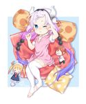  2017 absolute_territory animal_humanoid blue_eyes blush clothed clothing doll dragon dragon_humanoid female hair headband horn humanoid kanna_kamui kobayashi_(dragon_maid) legwear long_hair miss_kobayashi&#039;s_dragon_maid one_eye_closed pillow pink_hair socks solo stirrup_socks tohru_(dragon_maid) young 嗜肉兔爱丽丝 