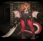  2017 anthro armor big_breasts breasts bulge clothed clothing dickgirl dragon hair holding_object holding_weapon intersex melee_weapon ryla scalie solo standing sword unconvincing_armor weapon wings wyntersun 