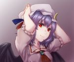  alternate_headwear ascot bat_wings brooch crescent crescent_hair_ornament hair_ornament hat jewelry mob_cap puffy_short_sleeves puffy_sleeves purple_hair red_eyes remilia_scarlet short_hair short_sleeves smile solo terimayo touhou vampire wings 