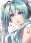  ao+beni aqua_hair arm_tattoo artist_name blue_eyes dated from_side hair_between_eyes hatsune_miku headset long_hair number parted_lips revision simple_background solo tattoo twintails upper_body vocaloid white_background 