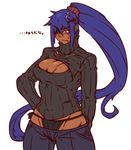  bikini_jeans blue_eyes blue_hair breasts cleavage cyborg dark_skin denim eyepatch foxbat_(hutago) headgear highres hutago jeans large_breasts long_hair lowleg lowleg_pants meme_attire one-eyed open-chest_sweater original pants ponytail ribbed_sweater solo sweater translated 