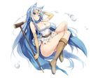 animal_ears bare_shoulders blue_eyes blue_hair blush breasts brown_footwear cape cat_ears circlet cleavage detached_sleeves dragon_quest dragon_quest_iii dress elbow_gloves exe_(xe) full_body gloves impossible_clothes kemonomimi_mode large_breasts long_hair looking_at_viewer off-shoulder_dress off_shoulder sage_(dq3) short_dress smile solo staff thighs white_dress 