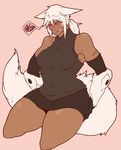  animal_ears blush cyborg dantera_rina dark_skin highres hutago mechanical_arms original pencil_skirt pink_eyes ponytail scar short_hair sidelocks skirt solo sweat tail thighs toned white_hair wolf_ears wolf_tail 