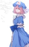  blue_dress commentary_request dress hat highres japanese_clothes kimono long_sleeves mob_cap pink_eyes pink_hair saigyouji_yuyuko short_hair simple_background solo terimayo text_focus touhou triangular_headpiece white_background wide_sleeves 