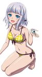  :d barefoot bikini blue_eyes blush breasts cleavage collarbone front-tie_bikini front-tie_top groin holding kanase_kanon kneeling medium_breasts navel open_mouth shiny shiny_skin short_hair_with_long_locks side-tie_bikini sidelocks silver_hair smile solo strike_the_blood swimsuit transparent_background yellow_bikini 