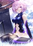  ahoge armor arms_at_sides bangs bare_shoulders black_legwear black_leotard blurry bokeh breasts closed_mouth cloud cloudy_sky day depth_of_field elbow_gloves eyebrows_visible_through_hair fallstreak_hole fate/grand_order fate_(series) from_side full_body gloves grass groin hair_over_one_eye halterneck hips impossible_clothes impossible_leotard leotard light_smile looking_at_viewer looking_to_the_side mash_kyrielight medium_breasts navel navel_cutout on_ground outdoors petals purple_eyes purple_gloves revision senoo_aoi shield short_hair silver_hair sitting skin_tight sky smile solo stomach thigh_strap thighhighs thighs turtleneck wariza 