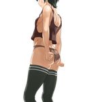 adjusting_clothes adjusting_panties ass black_hair black_legwear breasts brown_panties brown_shirt from_behind highres kantai_collection lips midriff mogami_(kantai_collection) out_of_frame panties parted_lips shirt short_hair sideboob skindentation sleeveless sleeveless_shirt small_breasts solo tama_(seiga46239239) tank_top thighhighs thighs underwear underwear_only 