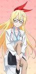  black_skirt blonde_hair blue_shirt closed_eyes collarbone dress_shirt glasses hair_between_eyes hair_ribbon invisible_chair kirisaki_chitoge labcoat long_hair long_legs nisekoi pantyhose red_ribbon ribbon shirt sitting skirt smile solo stethoscope very_long_hair 