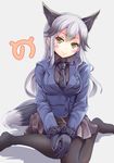  animal_ears bangs between_breasts black_bow black_gloves black_hair black_legwear black_neckwear black_skirt blush bow bowtie breasts brown_eyes buttons extra_ears fox_ears fox_tail fur_trim gloves highres jacket japari_symbol kemono_friends large_breasts long_hair long_sleeves looking_at_viewer miniskirt multicolored_hair necktie necktie_between_breasts pantyhose silver_fox_(kemono_friends) silver_hair sitting skirt smile solo tail two-tone_hair yumibakama_meme 